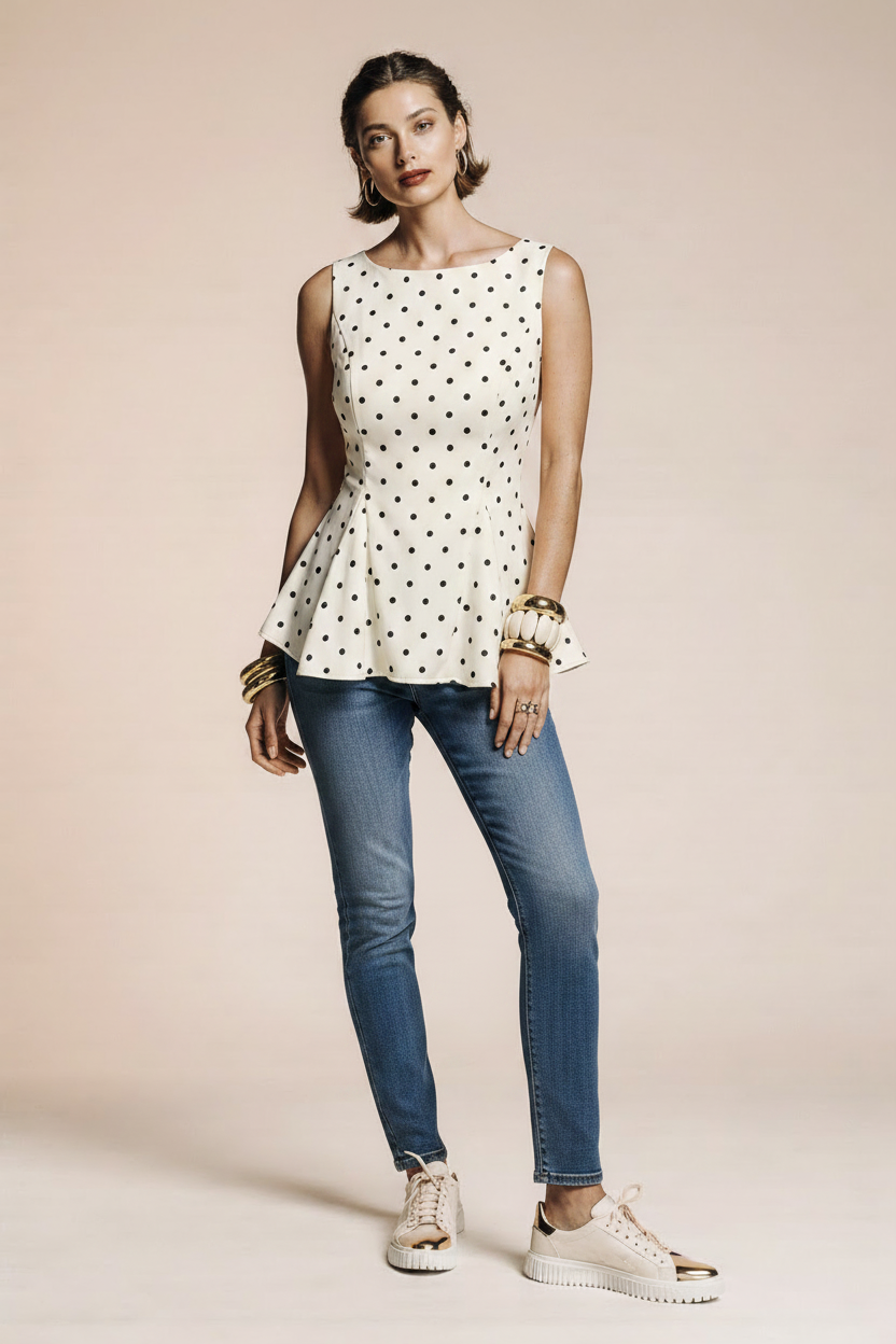 Model wearing polka dot peplum top