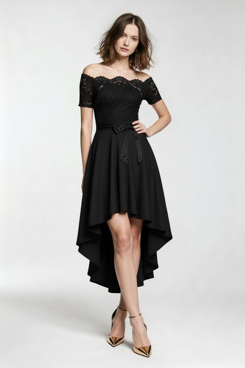 Off-shoulder high-low dress in black
