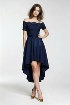 Off-shoulder high-low dress in navy blue