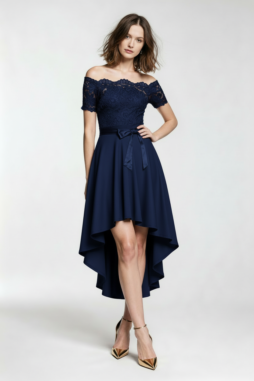 Off-shoulder high-low dress in navy blue