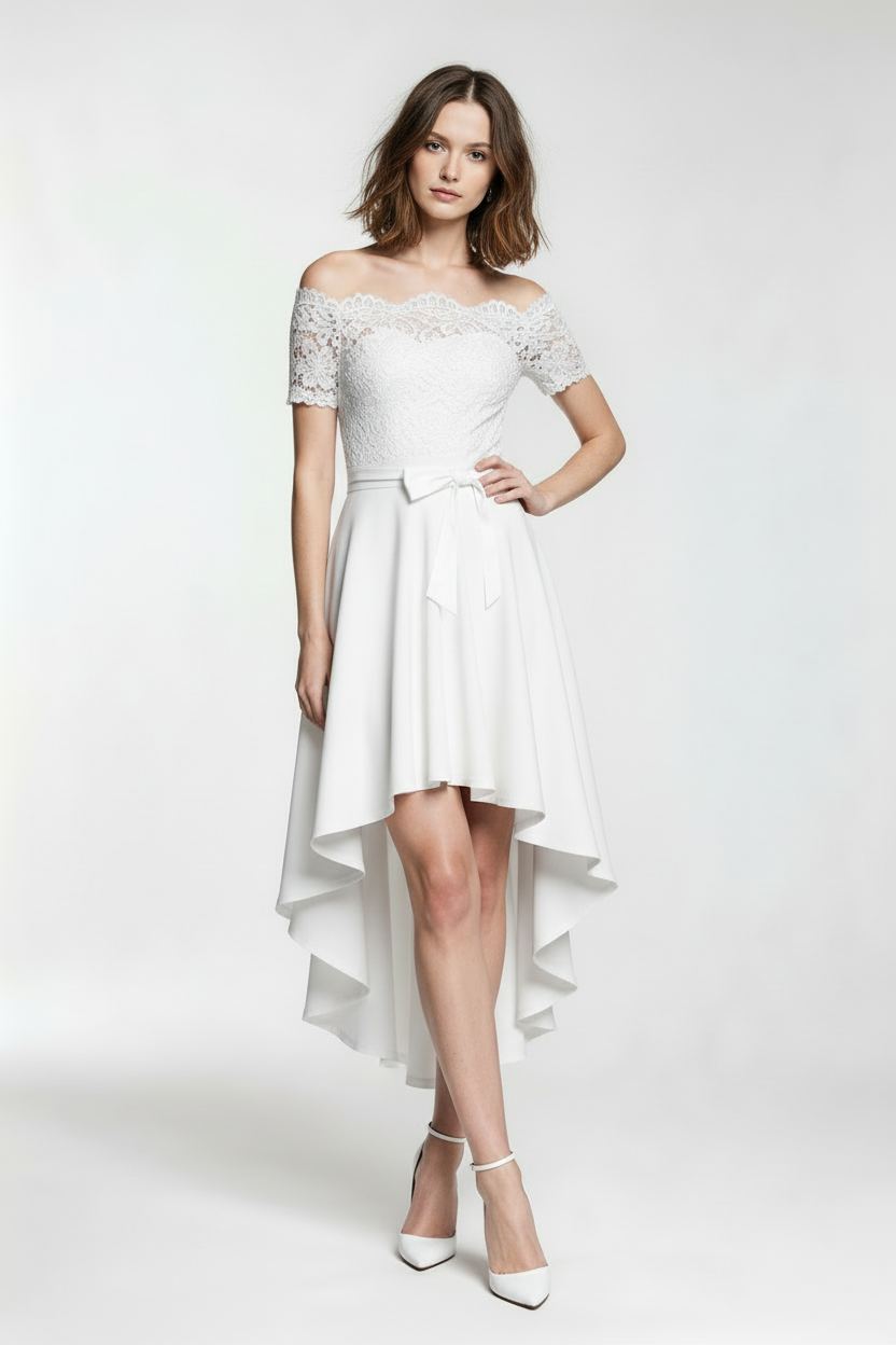 Off-shoulder high-low dress in white