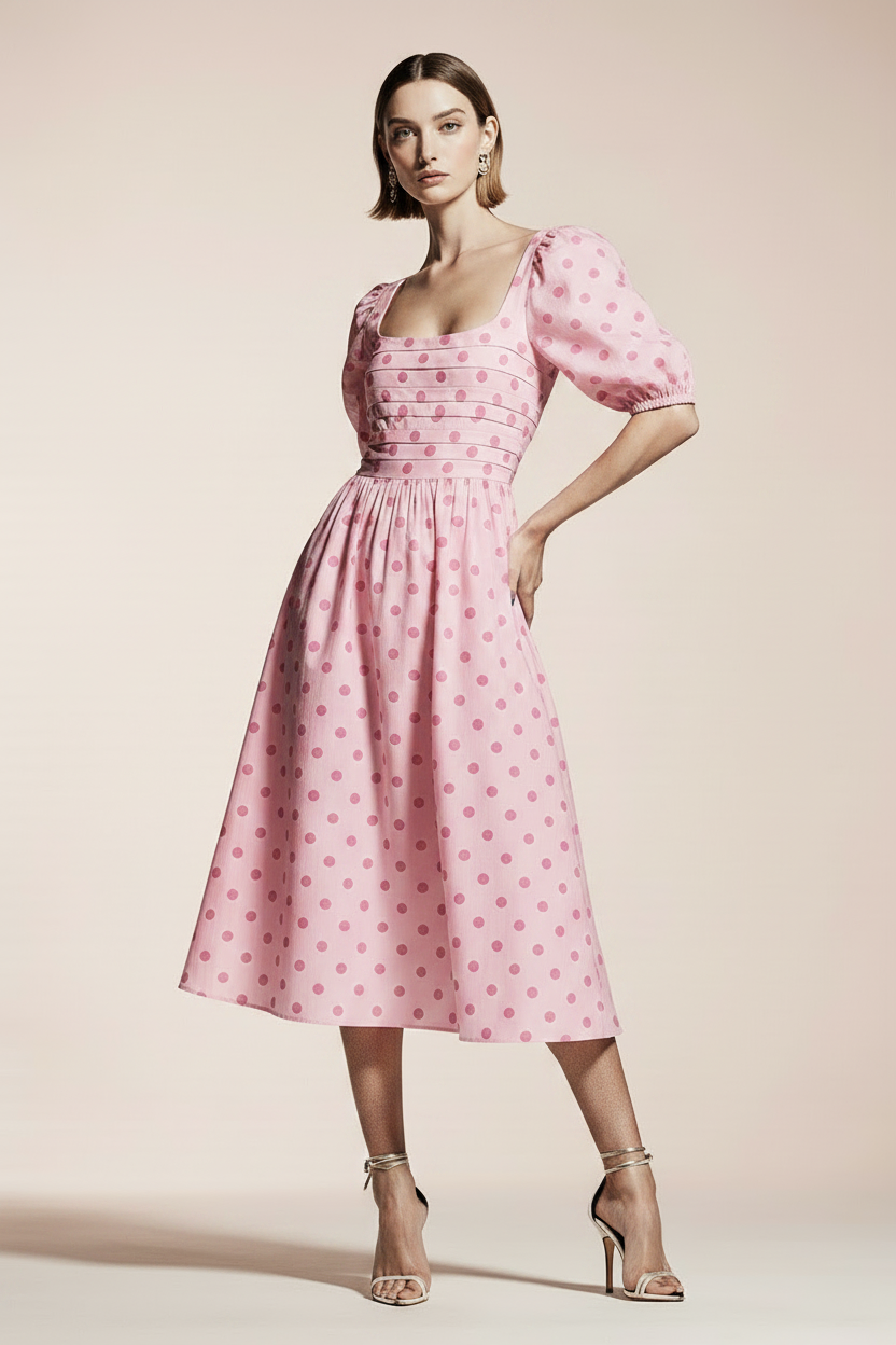 SO ME Polka Cotton Print Short Sleeves Midi Dress