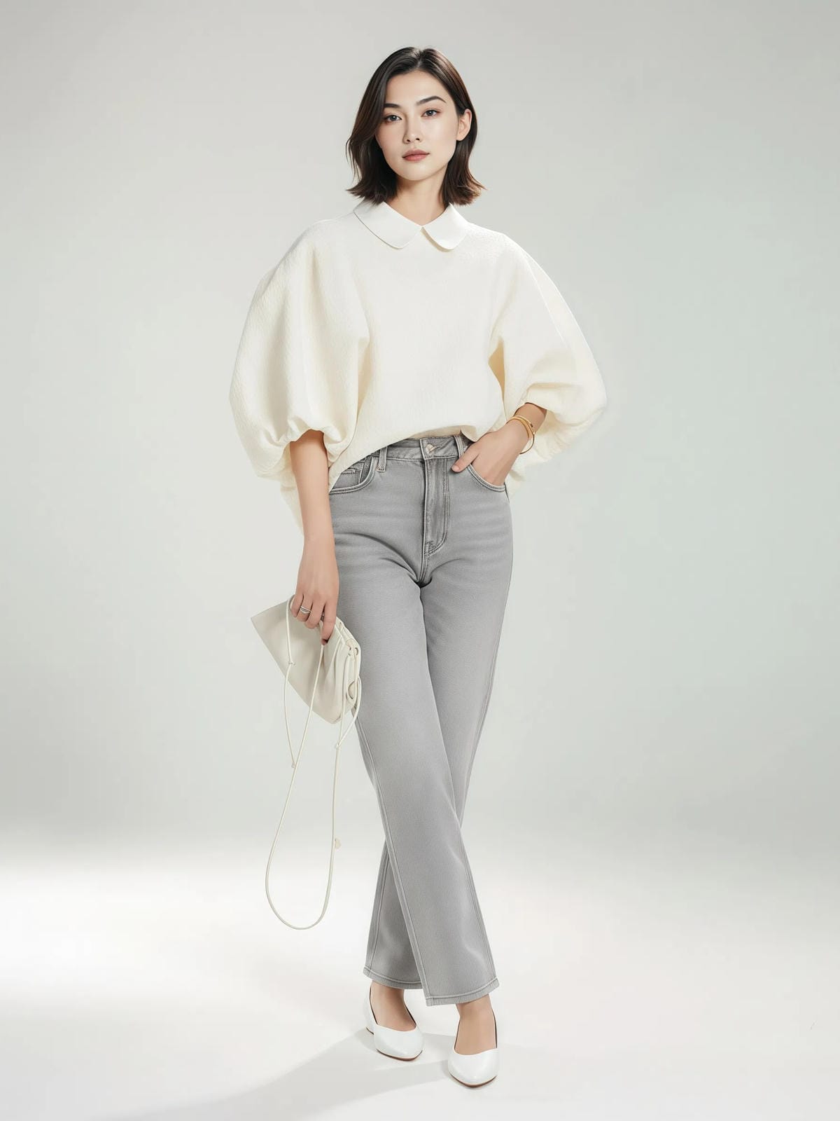 Sweter z bufiastymi rękawami i kołnierzykiem