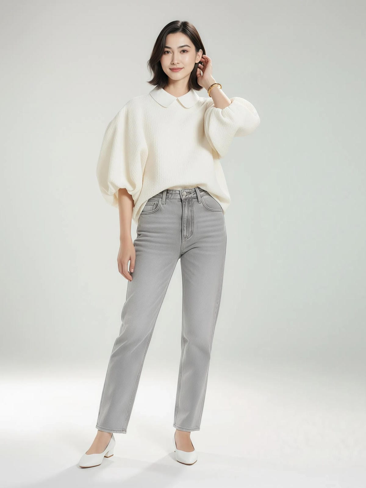 Sweter z bufiastymi rękawami i kołnierzykiem