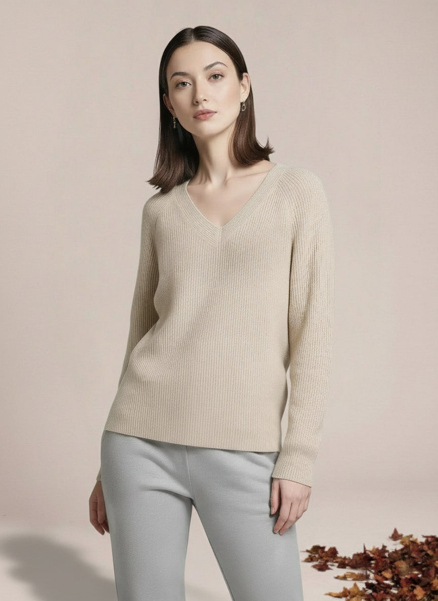 Sweter dzianinowy z dekoltem w serek